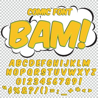 Alfabe koleksiyonu kümesi. Komik pop sanat tarzı. Açık renk sürümü. Harfler, sayılar ve rakamlar çocuklar için