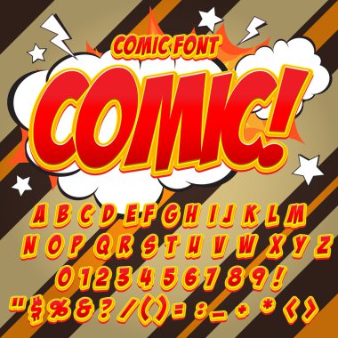 Alfabe koleksiyonu kümesi. Komik pop sanat tarzı. Açık renk sürümü. Harfler, sayılar ve rakamlar çocuklar için