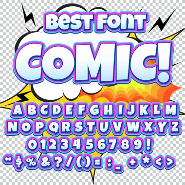 Yaratıcı yüksek detay komik yazı tipi. Alfabe tarzı çizgi roman, pop art. Harfler ve şekiller çocuklar dekorasyon için