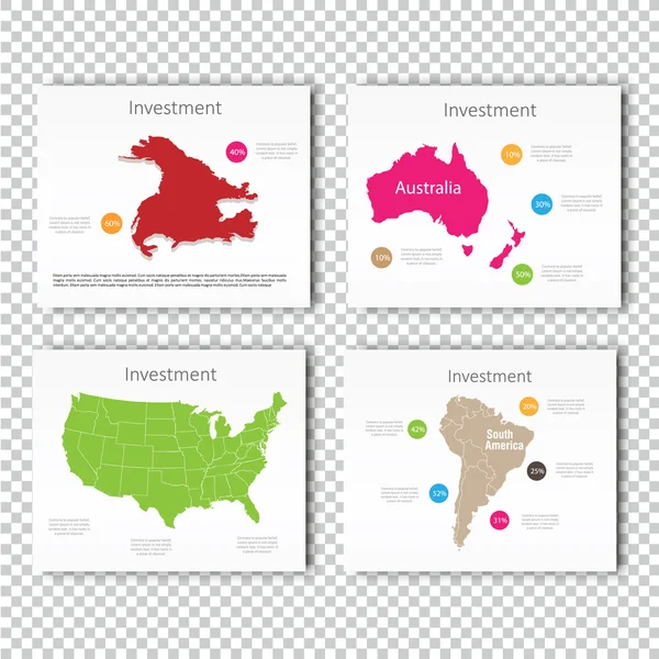 Business Investment slide set of USA, North America, Africa, Australia Maps Plantilla de diapositiva de presentación — Archivo Imágenes Vectoriales
