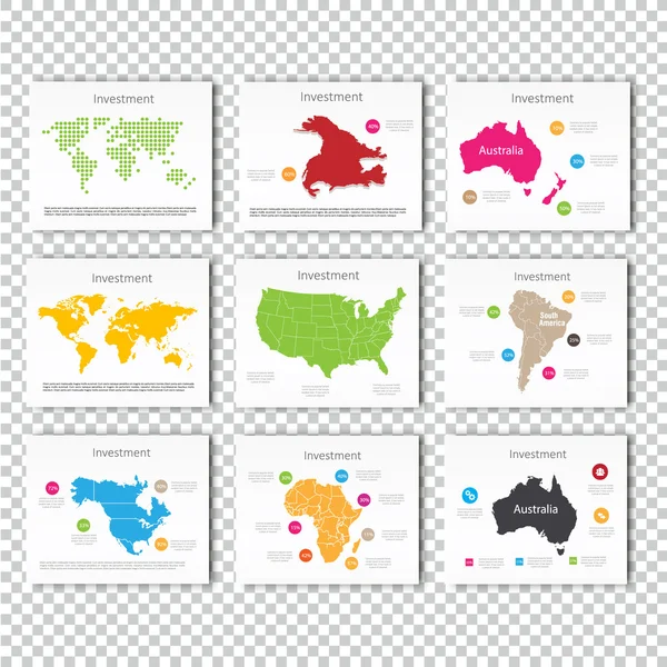 收集业务投资世界，美国、 澳大利亚、 北美、 非洲地图演示文稿幻灯片模板 — 图库矢量图片