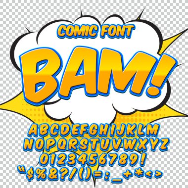 Yaratıcı yüksek detay komik yazı tipi. Alfabe tarzında bir çizgi roman, pop art.