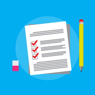 Okul sınav test sonuçları, kalem düz simge, anket başarı işareti. Anket işareti düz stil izole.