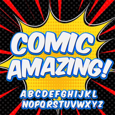 Komik alfabe seti. Harfler, sayılar ve rakamlar çocuklar illüstrasyonlar, Web siteleri, çizgi roman, afiş için