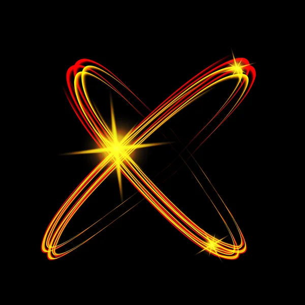 Shining neon lights atom model. Crossed circles light train effect. Glowing atom structure with magic fire ring trace. — Stock Vector