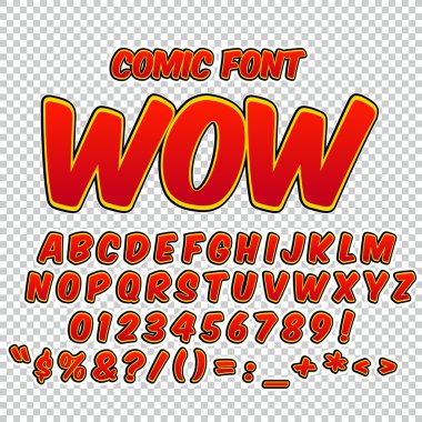 Alfabe seti. Komik pop sanat tarzı. Kırmızı renk sürümü. Harfler, sayılar ve rakamlar çocuklar illüstrasyonlar, çizgi roman, afiş için.