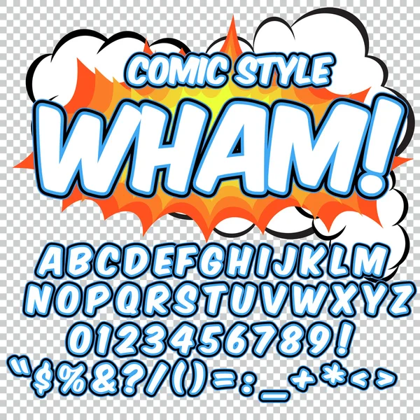 Komik alfabe seti. Mavi ve beyaz renk sürümü. Harfler, sayılar ve rakamlar çocuklar illüstrasyonlar, çizgi roman, afiş için.