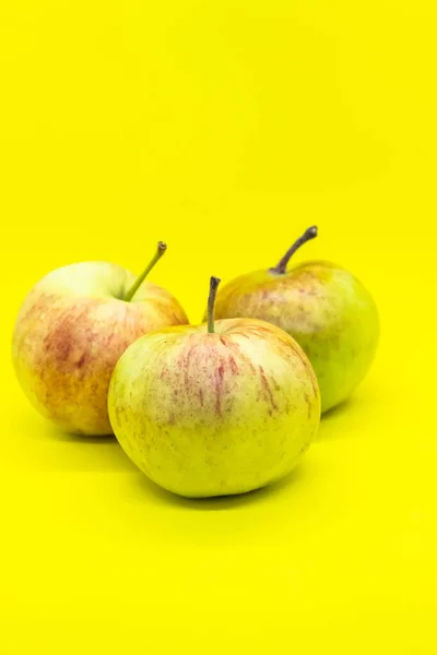 Tre Mogna Saftiga Äpplen Gul Bakgrund Mycket Vacker — Stockfoto