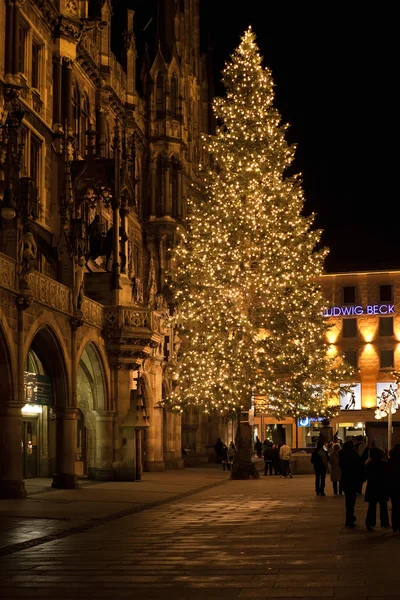MUNICH, GERMANIA - 25 DECEMBRIE 2009: Pomul de Crăciun noaptea cu lumini . — Fotografie, imagine de stoc