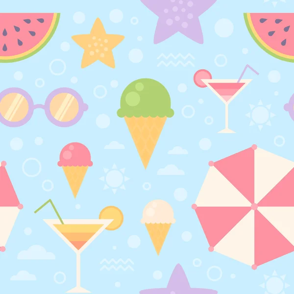 Patrón sin costuras de verano con iconos de vacaciones planas — Vector de stock