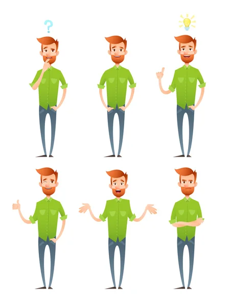 Male hipster characters set with facial emotions — Stock Vector