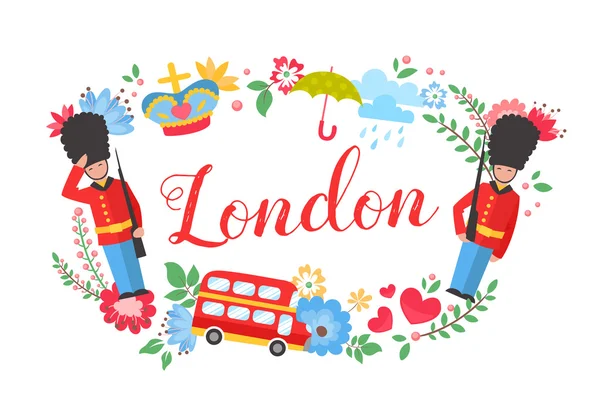 Carte postale à couronne florale de Londres avec des éléments touristiques — Image vectorielle