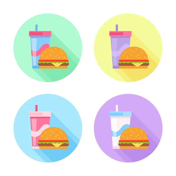 Platt ikoner med hamburgare och läsk dricker — Stock vektor