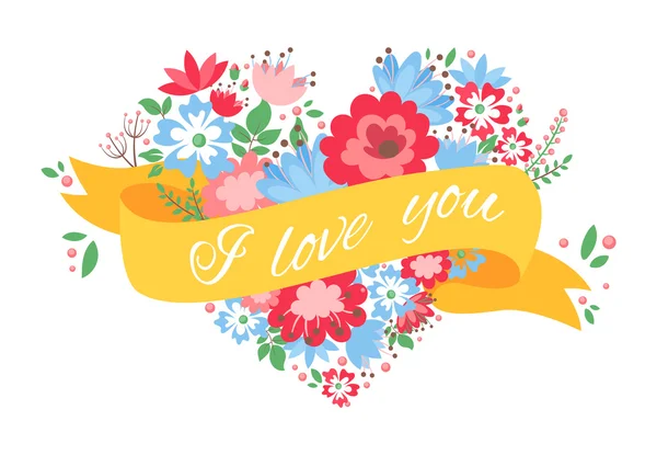 Belle carte postale coeur floral avec fleurs et ruban — Image vectorielle