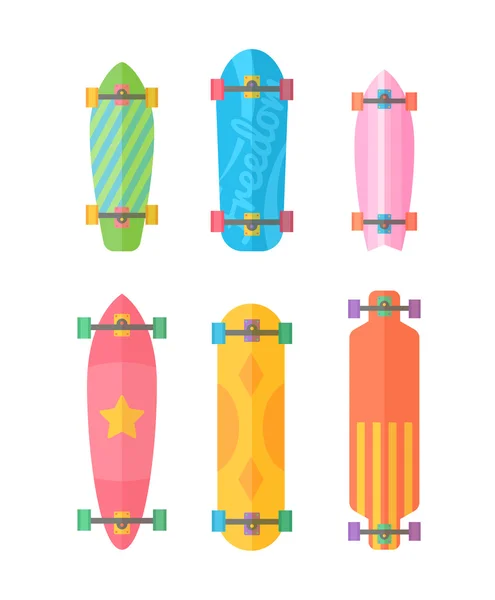 Longboards planos conjunto colorido — Archivo Imágenes Vectoriales