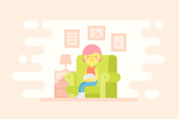 Fille assise dans un fauteuil confortable avec chat — Image vectorielle