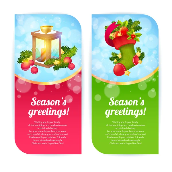 Kerstmis banners met wollen tricotst en kaars lantaarn — Stockvector