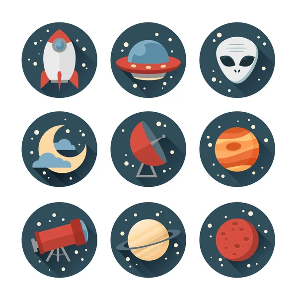 Conjunto redondo astronómico de iconos de espacio plano — Archivo Imágenes Vectoriales