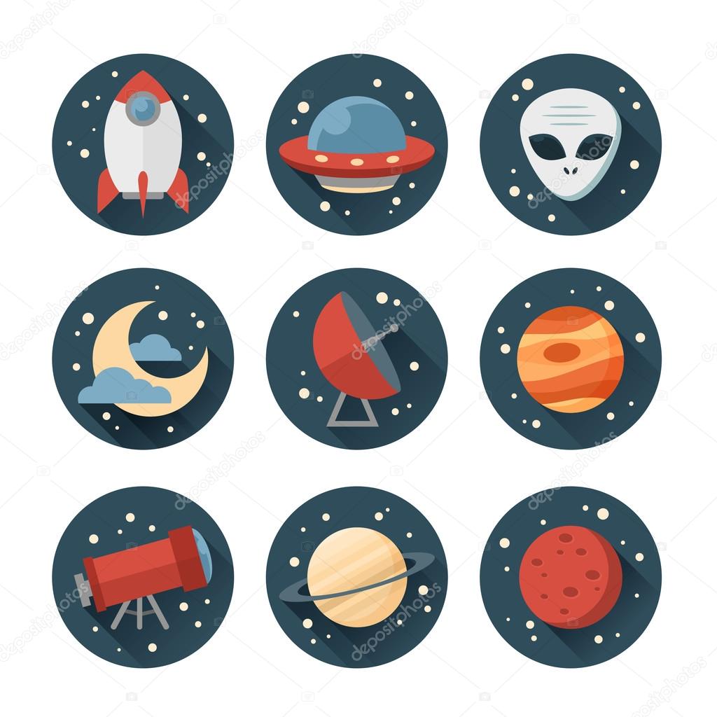 Astronomic round set of flat space icons
