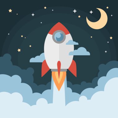 Uzayda uçan karikatür modern düz Roket fırlatma