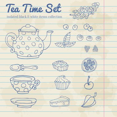 A set of party objects for tea time hand drawn