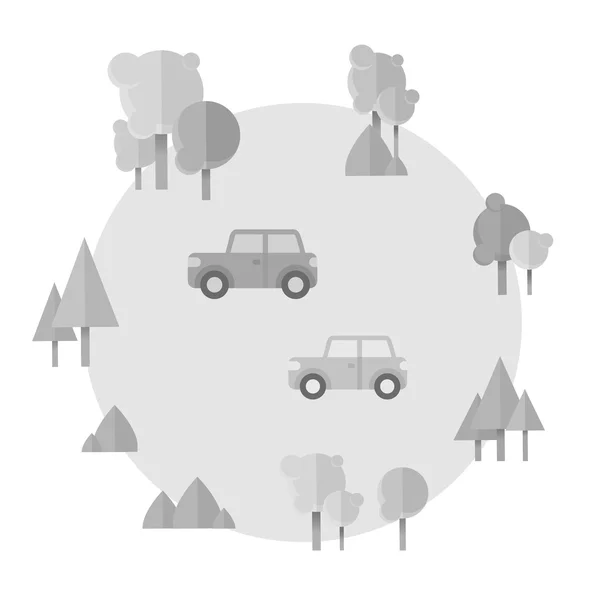 Flat cartoon cards with cars and forest icons — Διανυσματικό Αρχείο