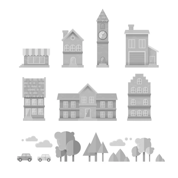 Casas planas conjunto de moda de edificios iconos — Vector de stock