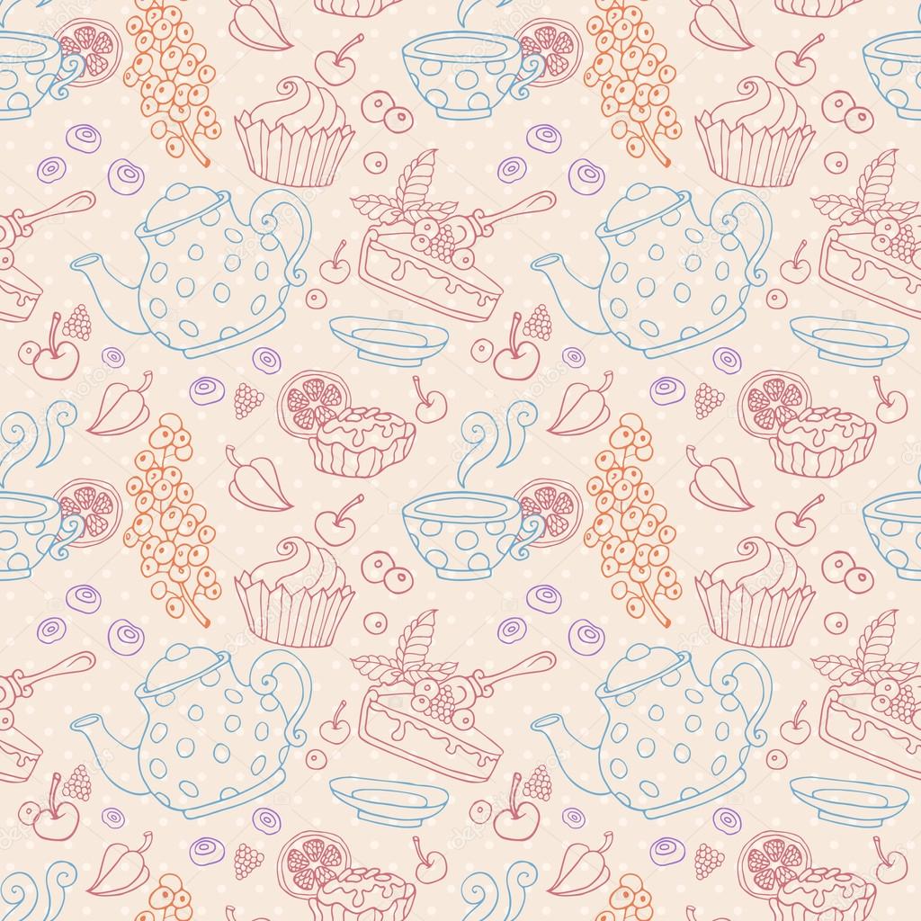 Ornament seamless pattern with tea party objects