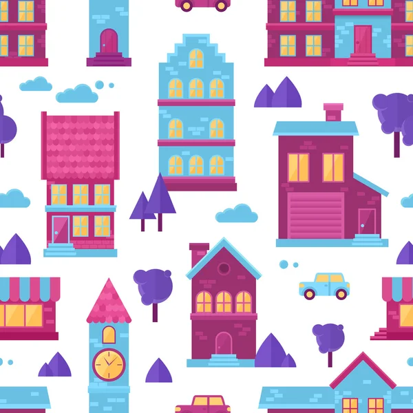 Flat city houses seamless pattern — Stock Vector