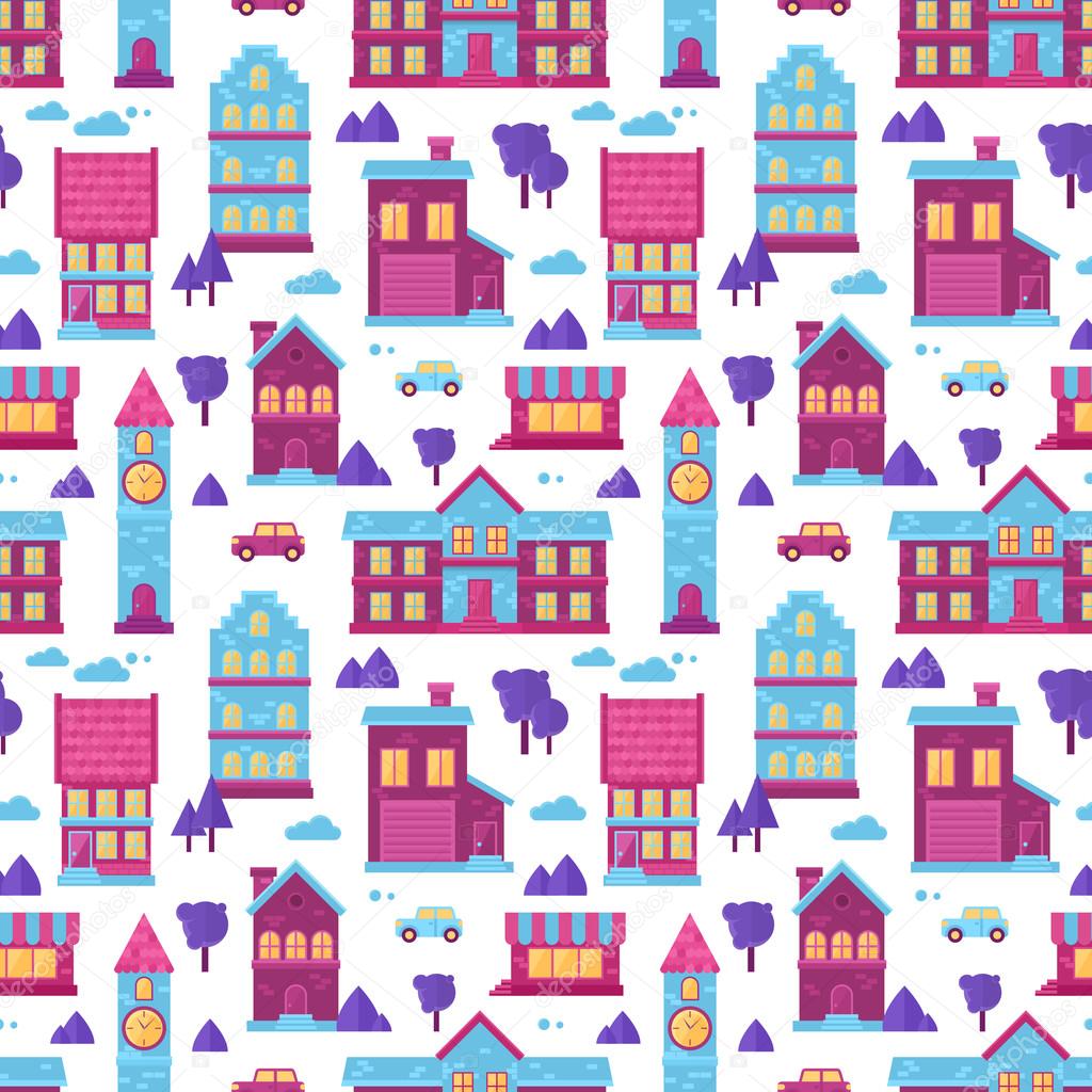 Flat city houses seamless pattern