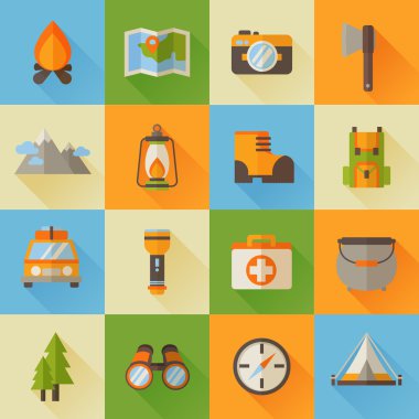 Bir dizi modern tarzı düz simgeler hiking