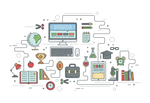 Bannières scolaires avec des icônes d'éducation alignées minces — Image vectorielle