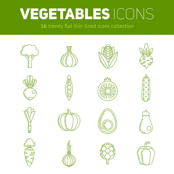 Reihe von flachen Gemüse-Symbolen mit dünner Linie — Stockvektor