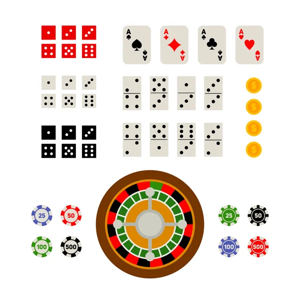 Conjunto de vista superior plana de juegos de azar y artículos de casino — Vector de stock