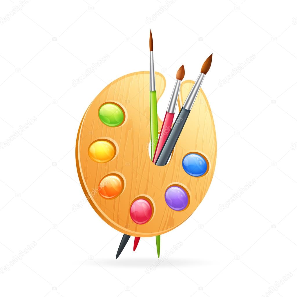 Realistic artist's textured wooden palette for drawing with colorful paints and paintbrushes isolated on empty background
