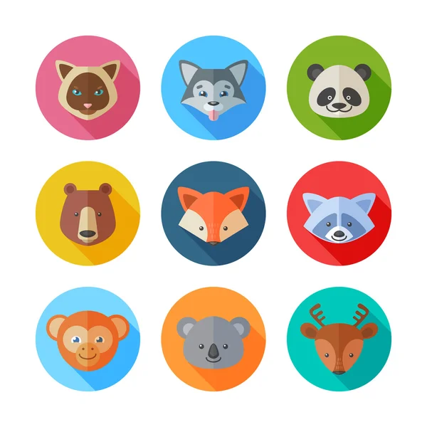 Söta platta djur porträtt ikoner — Stock vektor