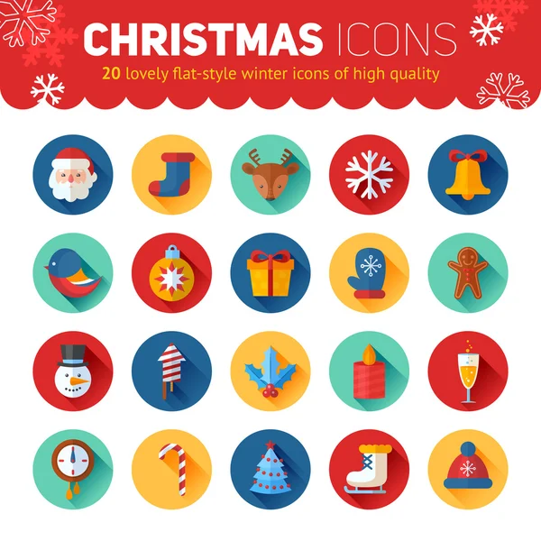 Circle flat Christmas and New Year icons set with Santa, deer, s — Stock Vector