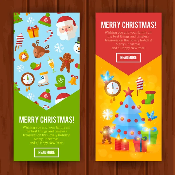 Cartes de voeux et bannières plates de Noël Père Noël, cerf, sapin de Noël — Image vectorielle
