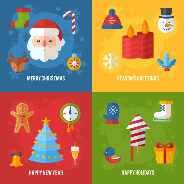 Platte wenskaarten en banners Santa, herten, xmas kerstboom — Stockvector