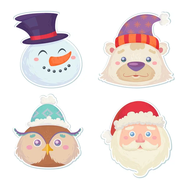 Cute Christmas characters, head stickers — Stock Vector