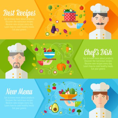 Afiş düz aşçı portreler ve çanak simgeler kümesi