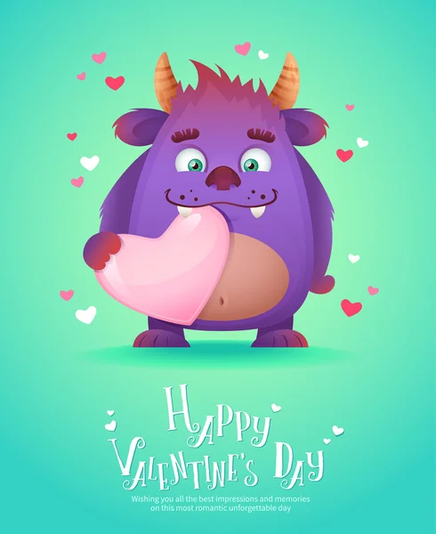 Cartoon monster with a heart Valentine card — Stock Vector