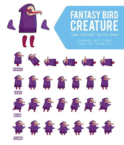 Fantaisie oiseau créature jeu personnage Sprite feuille — Image vectorielle