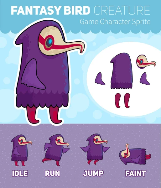 Fantasia pássaro criatura jogo personagem Sprite Sheet — Vetor de Stock