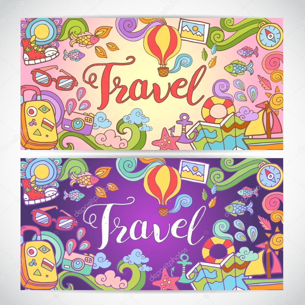 Creative hand-drawn doodle art with summer travel theme