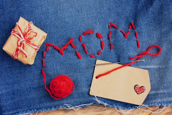 Mother's Day background, denim embroidered with letters — Stock Photo, Image