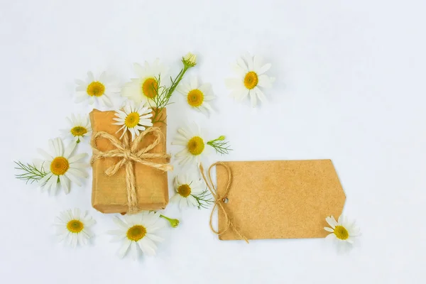 Witte achtergrond met bloemen kamille, papieren label — Stockfoto