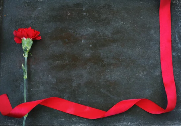 Eine Rote Nelke Auf Schwarzem Metall Zerkratzt Scharlachrote Seidenschleife Feiertagsgratulationskarte — Stockfoto
