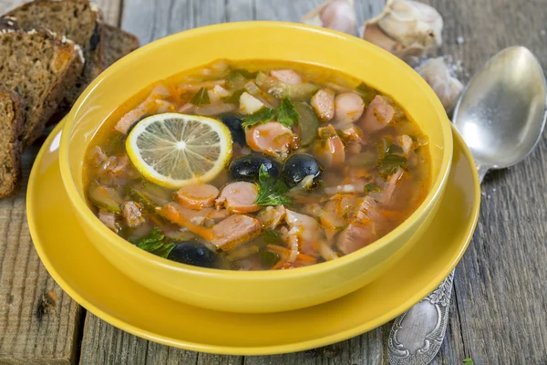 Meat soup - solyanka. Russian cuisine. — Stock Image Meat soup - solyanka. Russian cuisine. Royalty Free Stock Images