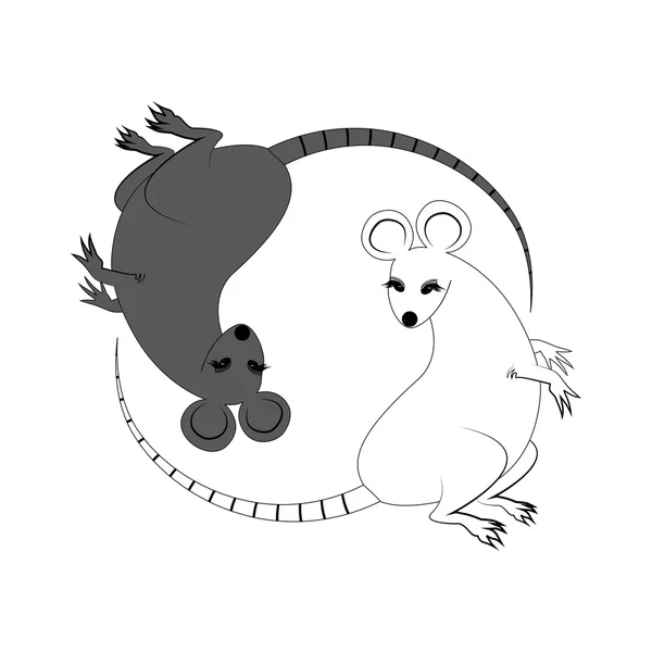 Yin Yang-Zeichen-Symbol. weiße und schwarze süße lustige Cartoon-Ratte. Feng-Shui-Symbol. isolierte flache Design-Stil. Vektorillustration — Stockvektor